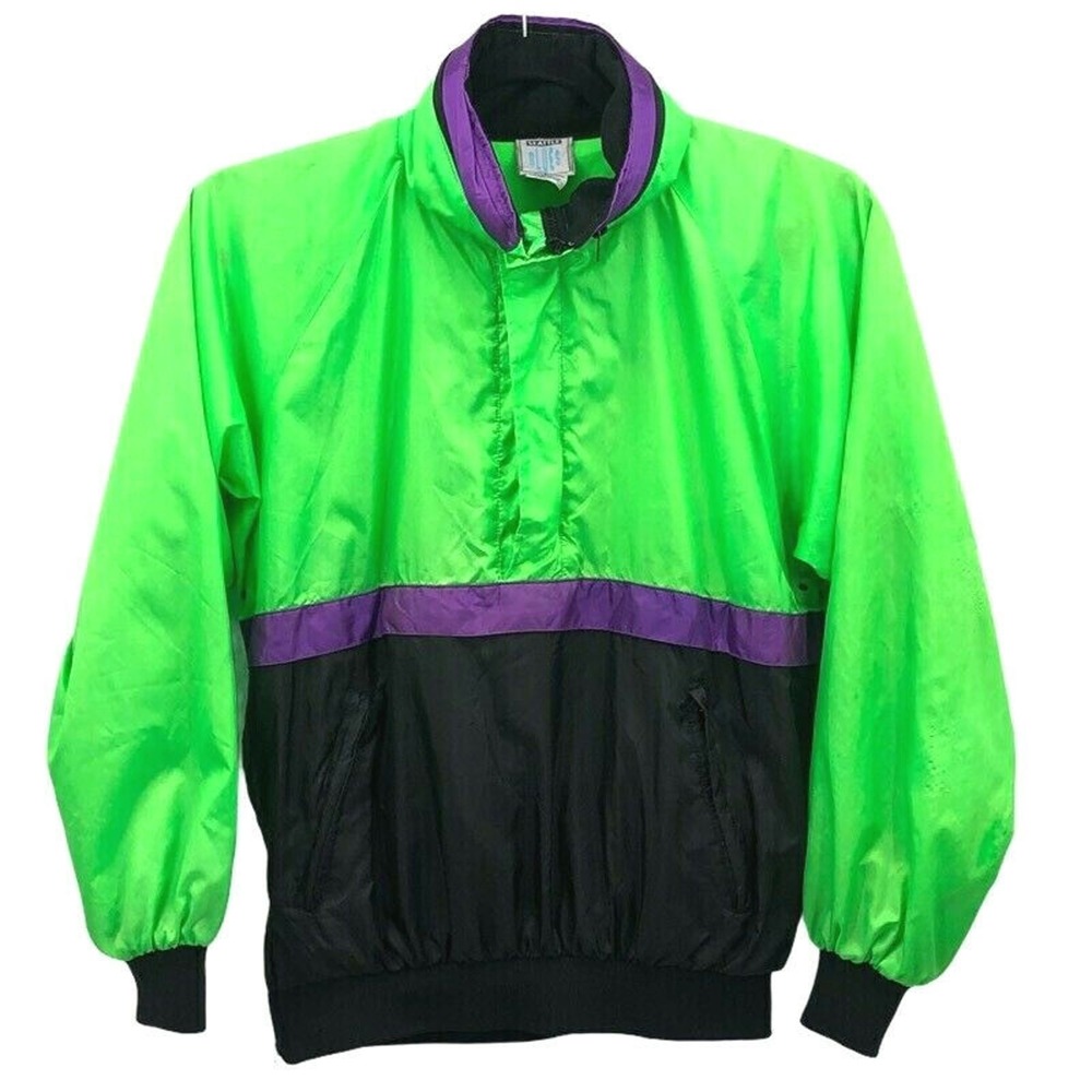 VTG 90s Seattle Blues Windbreaker Jacket Mens Lg Pullover Neon Green Colorblock
